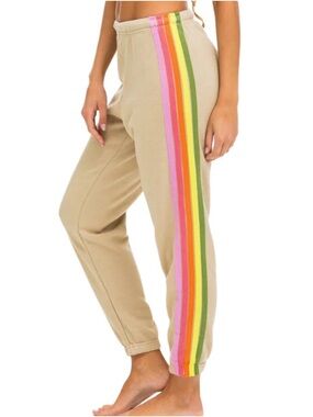 Like New Aviator Nation Tan Track Joggers with Pink & Orange Side Stripes Large